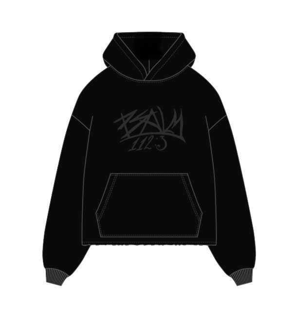 Black hoodie with a logo on the chest against a white background