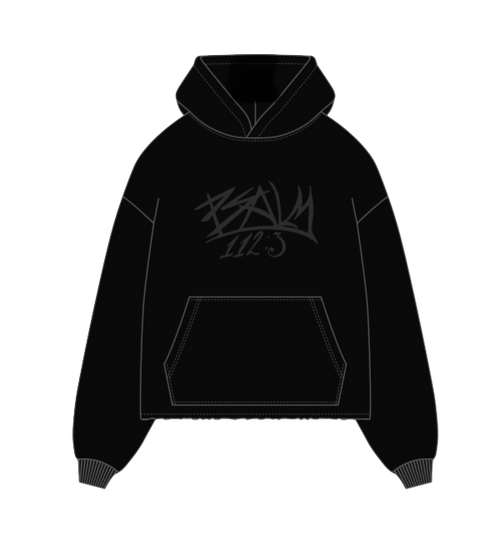 Black hoodie with a logo on the chest against a white background