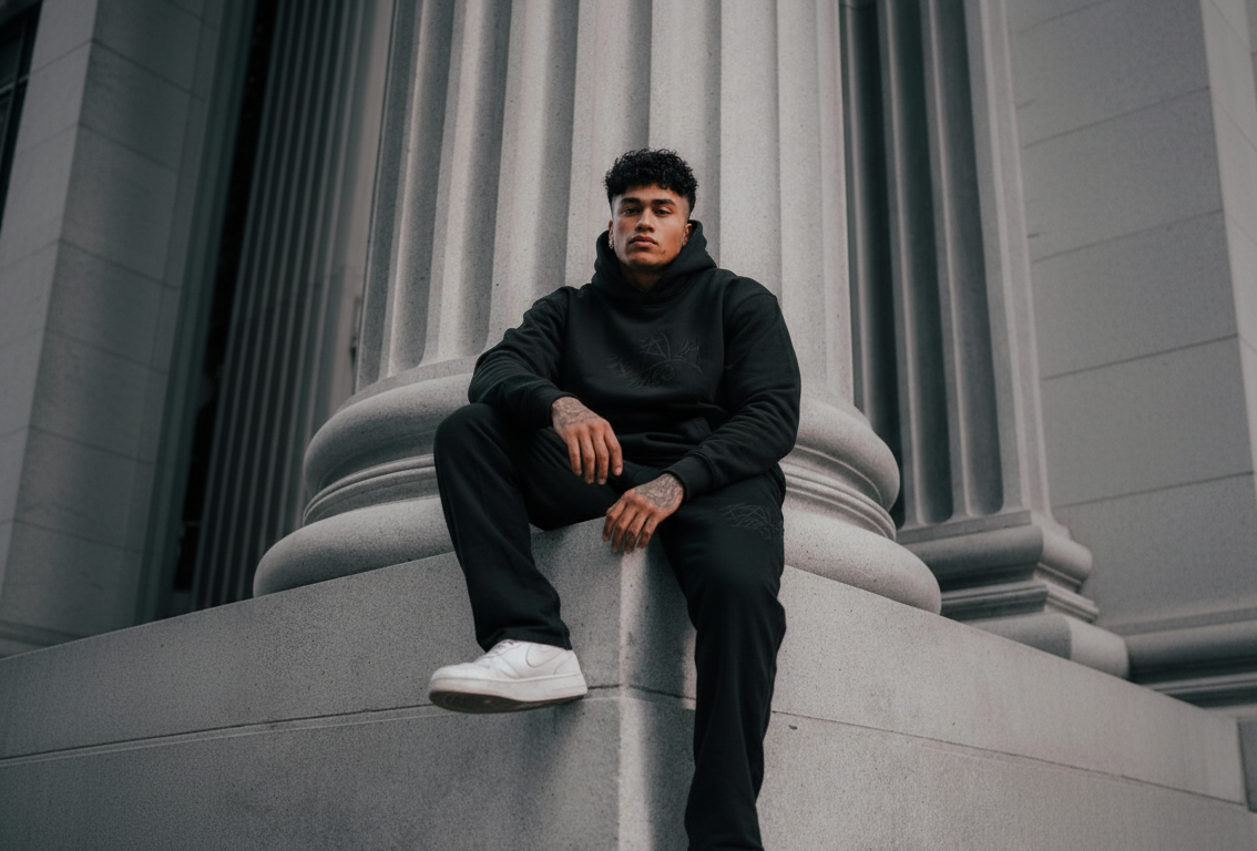Person sitting on a stone architectural structure wearing a black outfit.