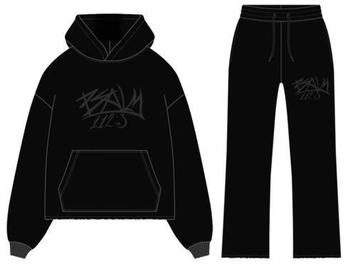 Black hoodie and pants with a logo on a white background
